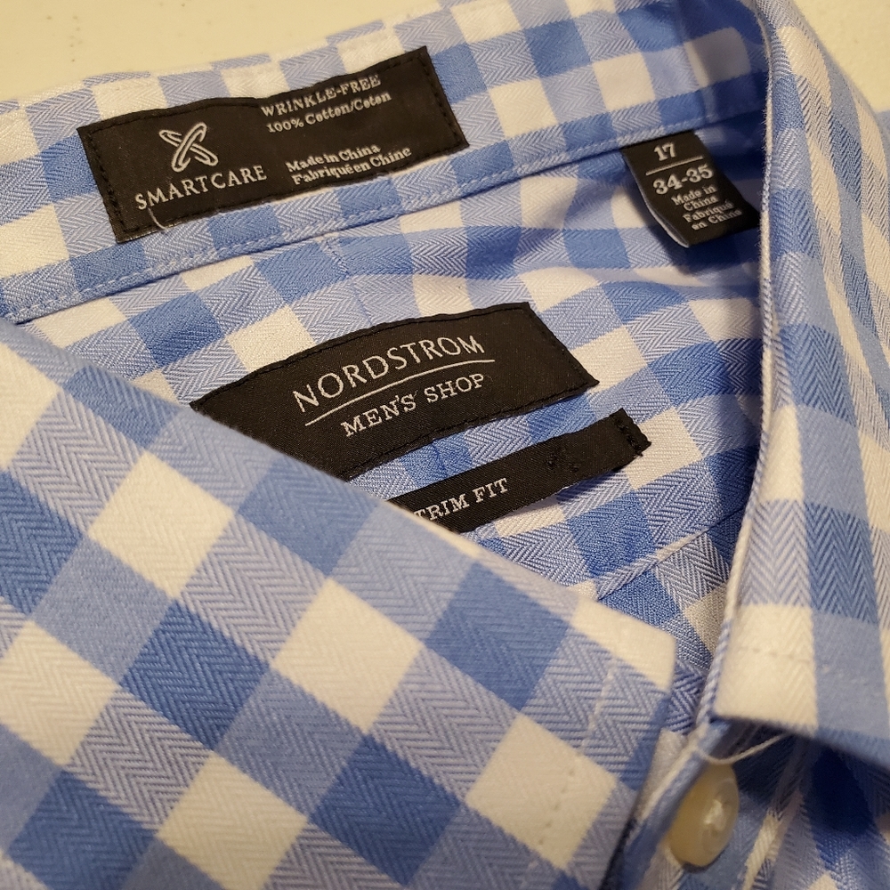 Nordstrom Blue & White Check Men's Casual Long Sleeve Shirt 17-34/35" - Picture 4 of 4